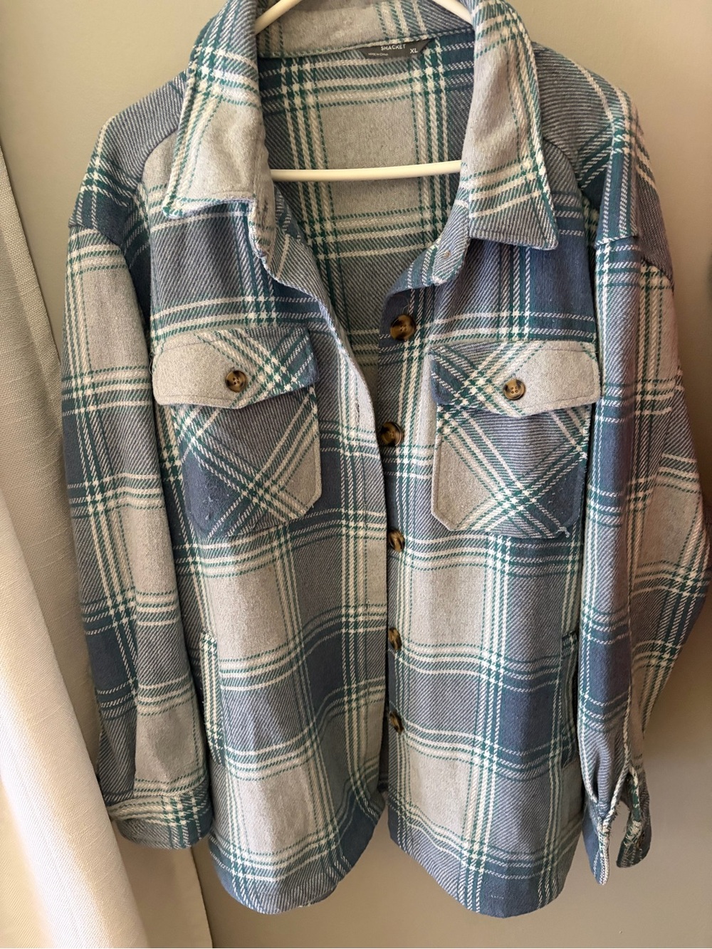 Blue and Cream Plaid Button-Up Shacket-XL